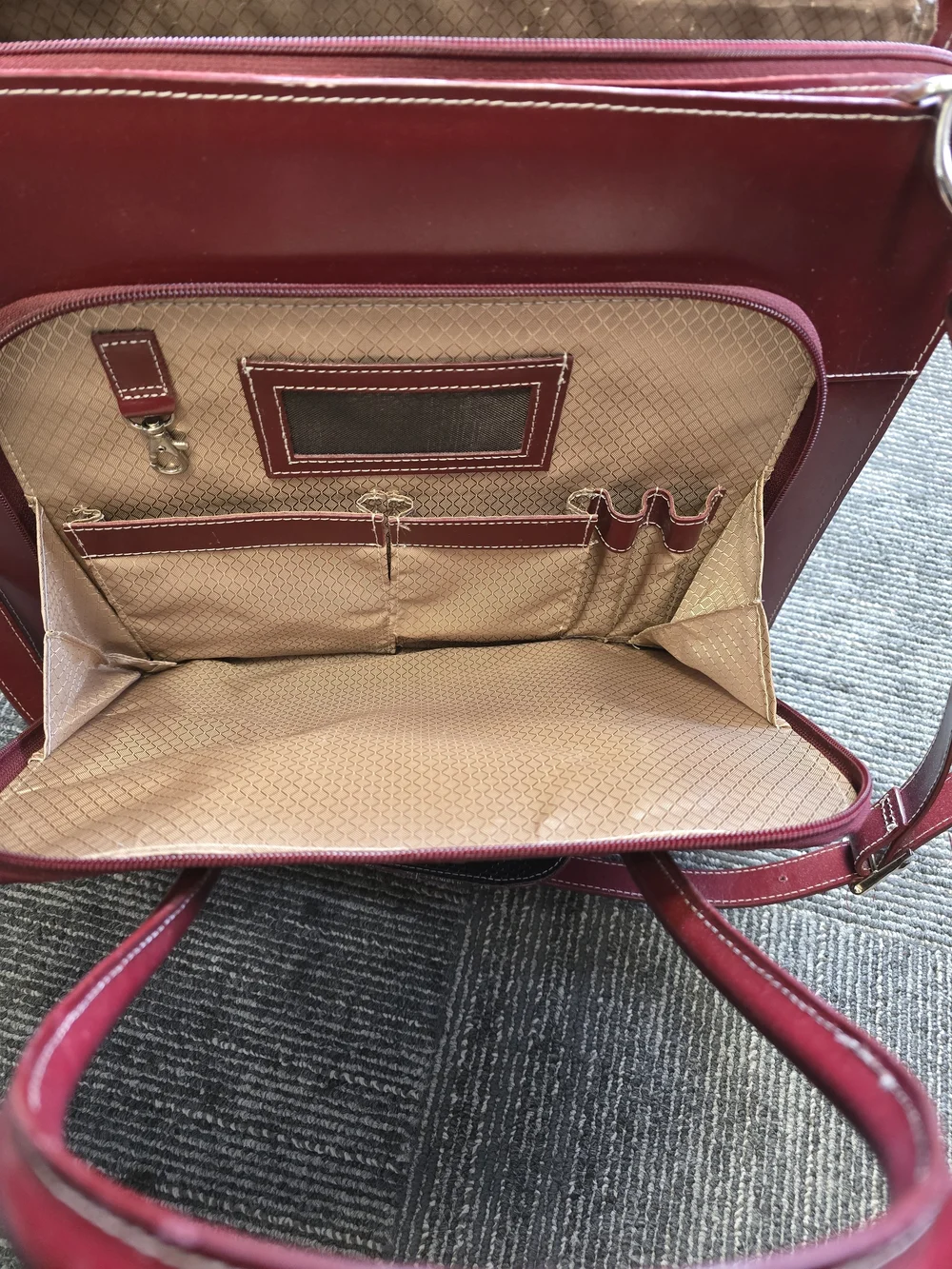 Sleek Red McKlein Leather Laptop Tote with Top Handles and Shoulder Strap